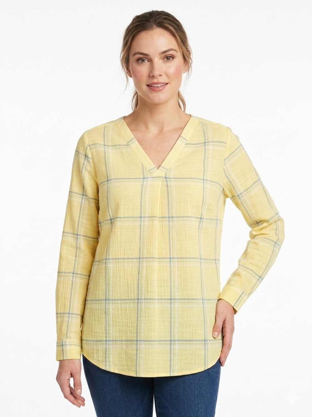 Penmans Women's Yellow Plaid V-Neck Long-Sleeve Top
